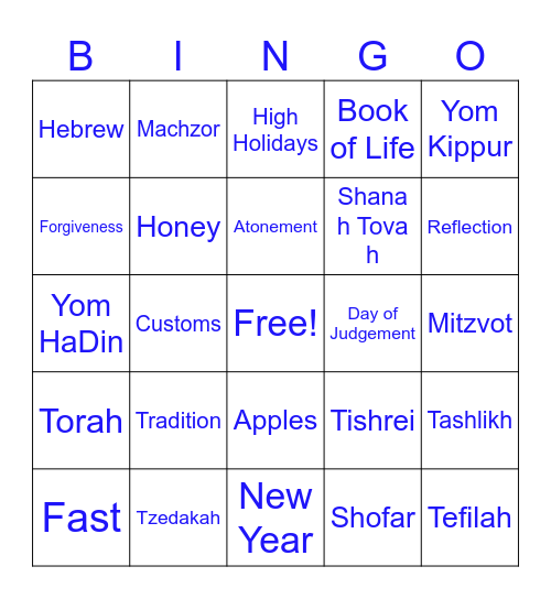 Rosh Hashanah and Yom Kippur Bingo Card