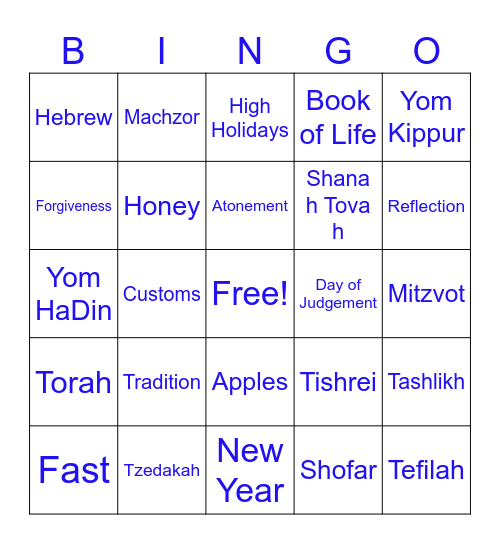 Rosh Hashanah and Yom Kippur Bingo Card