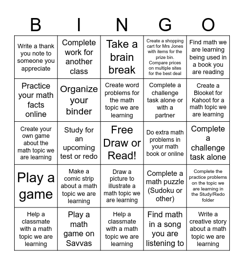 Early Finishers Bingo Card