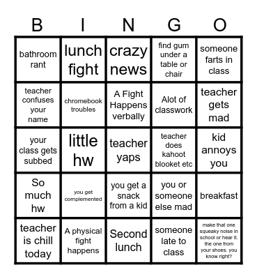middle school bingo Card