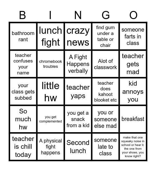 middle school bingo Card