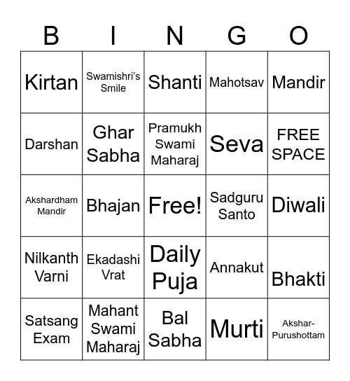 SATSANG BINGO Card