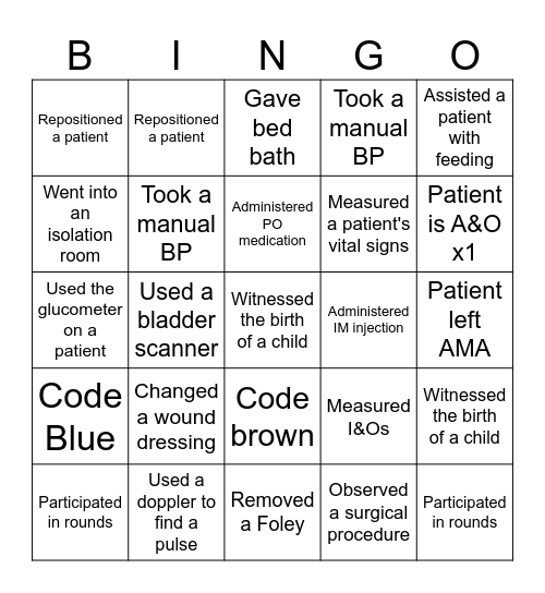 Nursing Student Clinicals Bingo Card