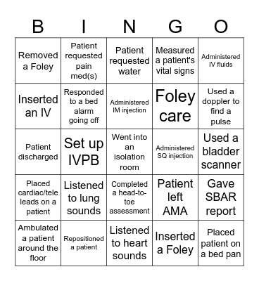 Nursing Student Bingo Card