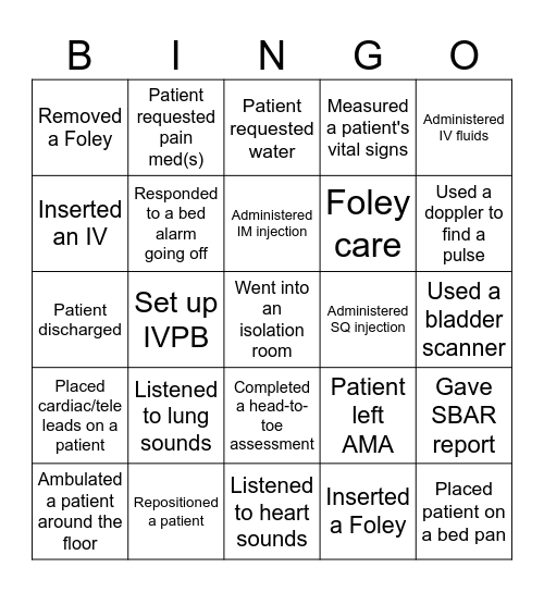 Nursing Student Bingo Card