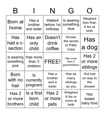 Baby Shower Ice Breaker Bingo Card