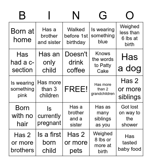 Baby Shower Ice Breaker Bingo Card