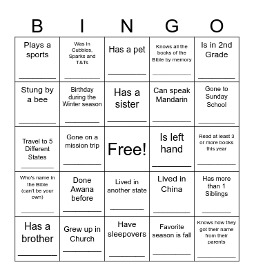 Awana (Get to know your Clubbers and Leaders) Bingo Card