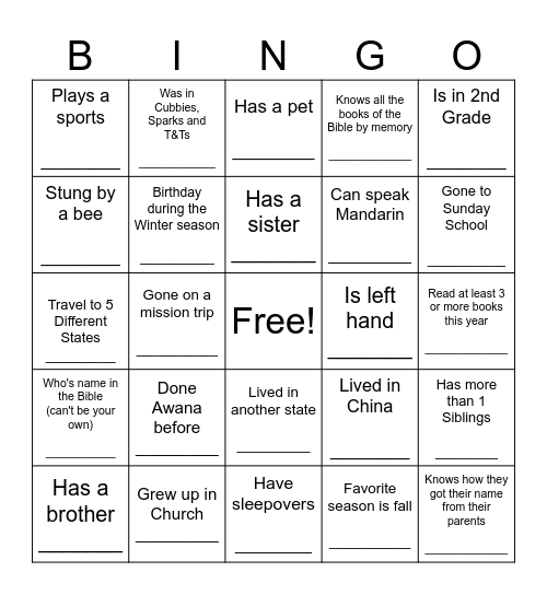 Awana (Get to know your Clubbers and Leaders) Bingo Card