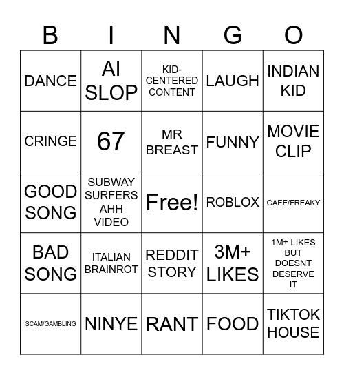 YT SHORT BINGO Card