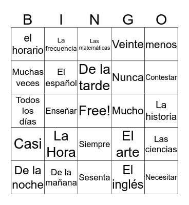 Español Bingo Card