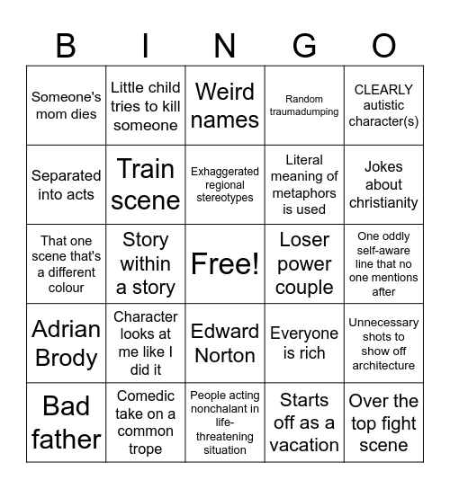 Wes Anderson Bingo Card