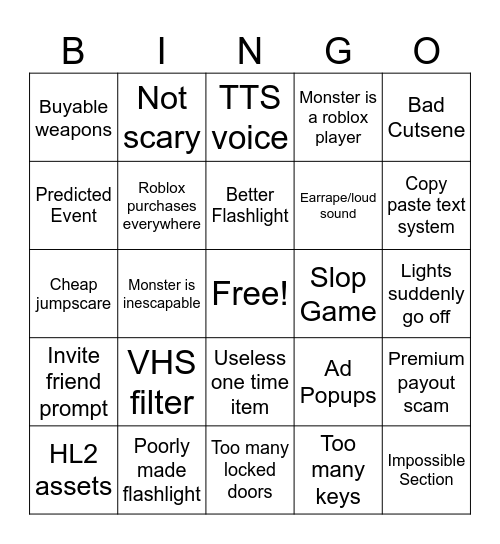 Terrible Roblox Horror Bingo 2.0 Bingo Card