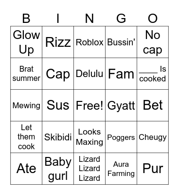 Teen Lingo Bingo Brainrot Bingo Card