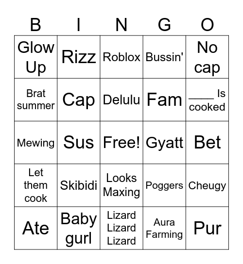 Teen Lingo Bingo Brainrot Bingo Card