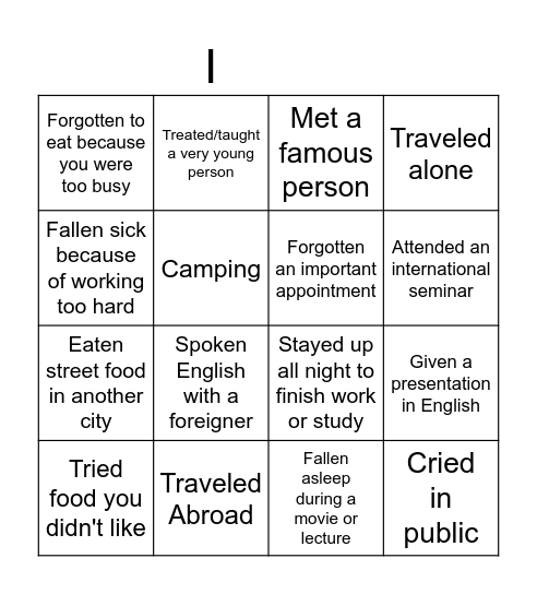 Experience Bingo Card