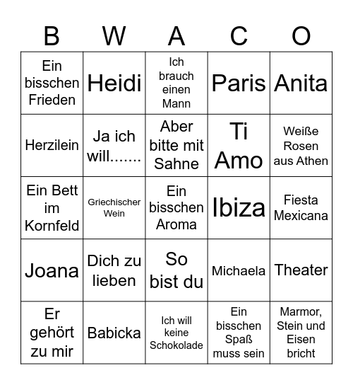 Schlager Bingo Card