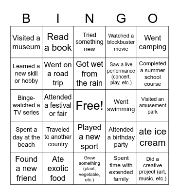 Summer Break Bingo Card