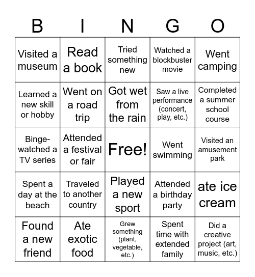 Summer Break Bingo Card