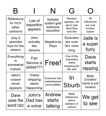 Homestuck J Bingo Card