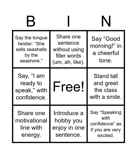 SpeakGo! Bingo Card