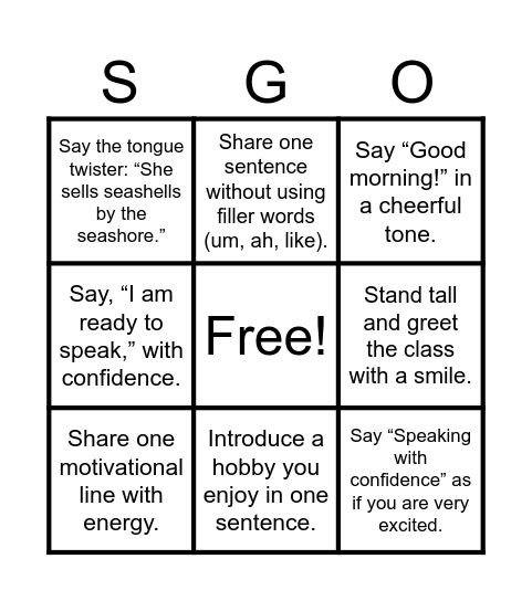SpeakGo! Bingo Card
