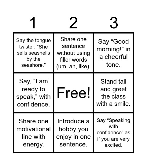 SpeakGo! Bingo Card