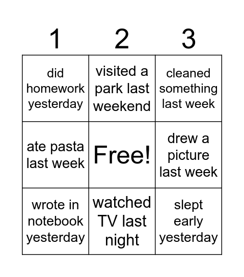 Past Tense Bingo Card