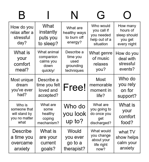 Mental Health Bingo Card