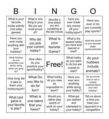Hobbies/Sports Bingo Card