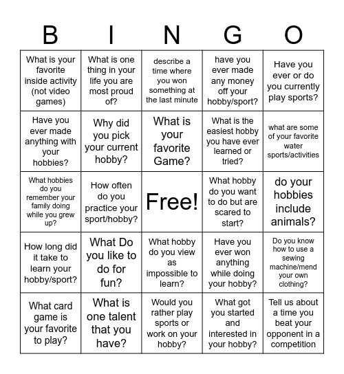 Hobbies/Sports Bingo Card