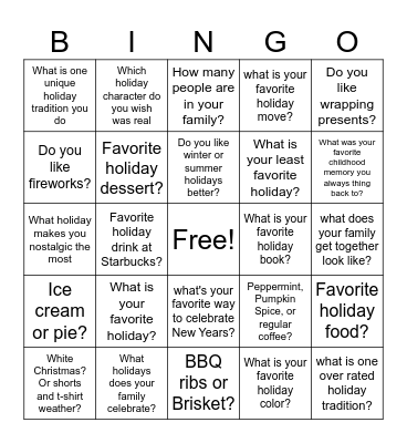 Holidays Bingo Card