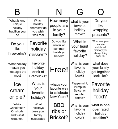 Holidays Bingo Card