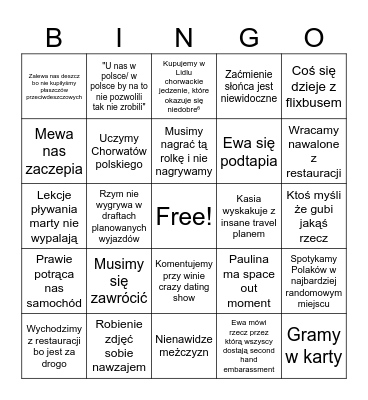 Croatia trip bingo Card