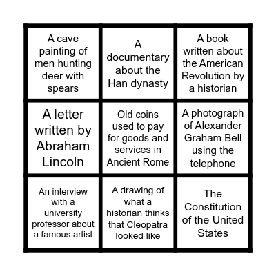 Primary and Secondary Sources Bingo Card