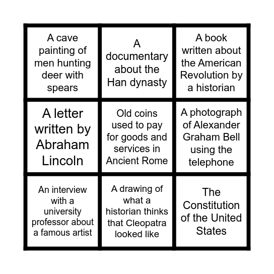 Primary and Secondary Sources Bingo Card