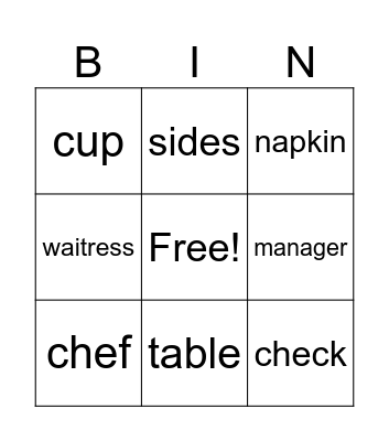 Restaurant Vocabulary Bingo Card