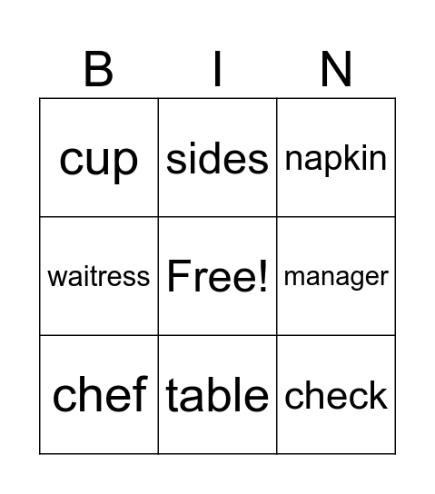 Restaurant Vocabulary Bingo Card