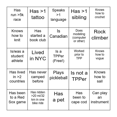 IYR Bingo Card