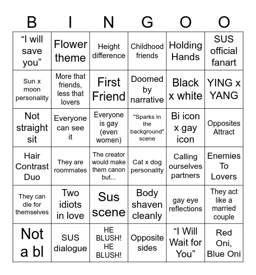 Yaoi Bingo Card