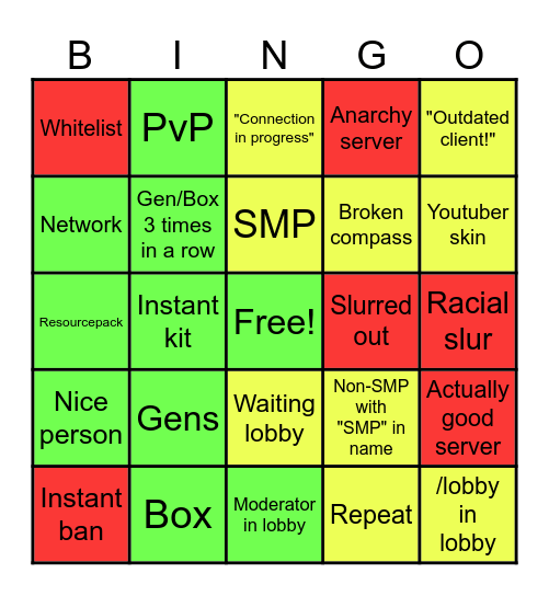 Minehut Servers Bingo Card