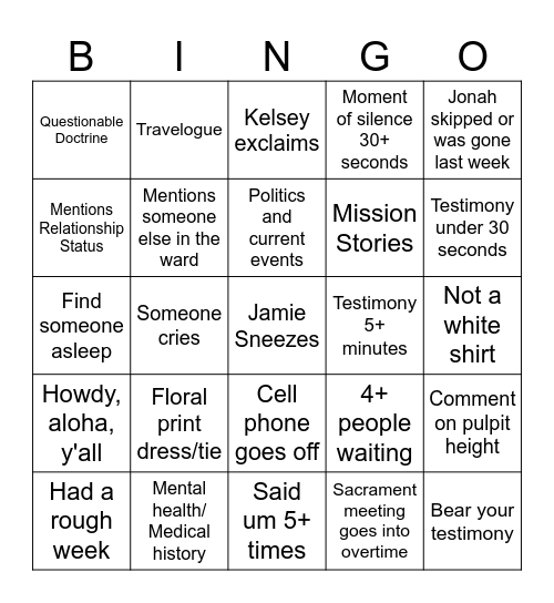 Geriatric YSA Bingo Card