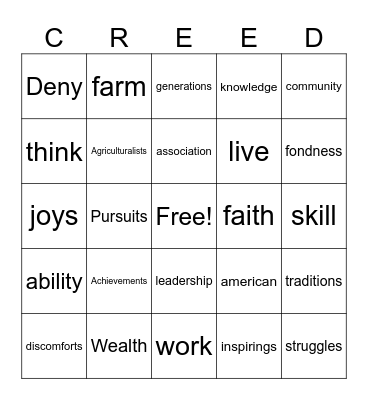 Creed Bingo Card