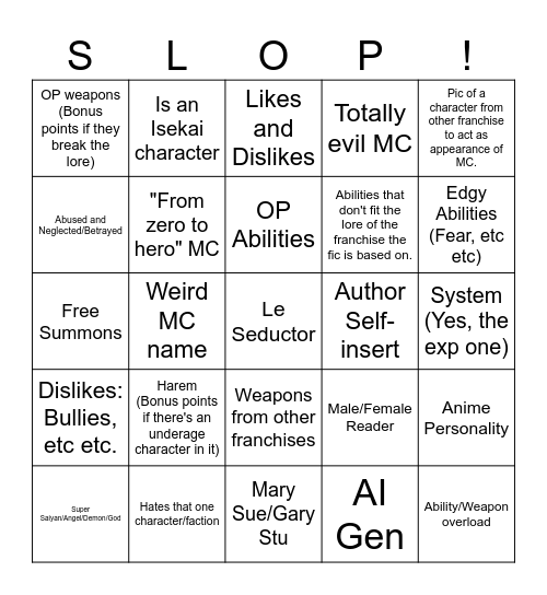 FicSlop (Implying that FicGem exists Bingo Card