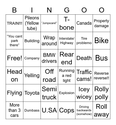 Car crash Bingo Card