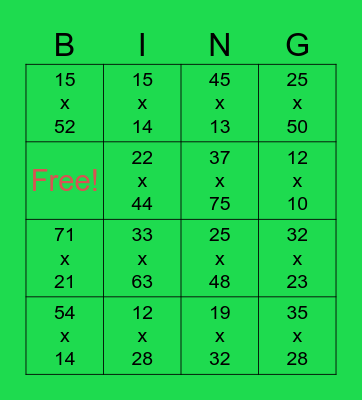 Multiplication Two Digits Number By Two Digits Numbers Bingo Card