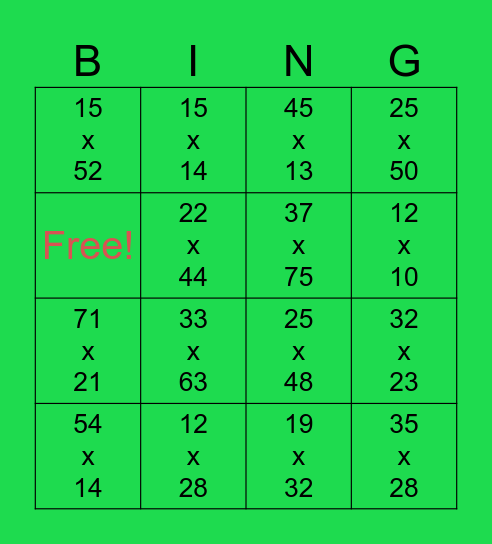 Multiplication Two Digits Number By Two Digits Numbers Bingo Card