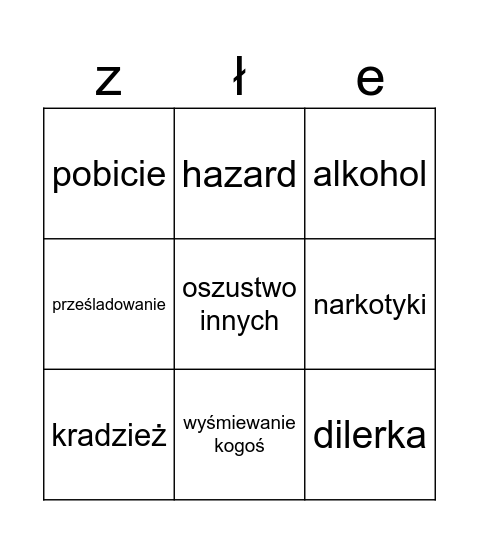 złe rzeczy oc Bingo Card