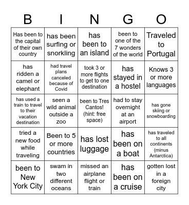 Travel Bingo! Bingo Card