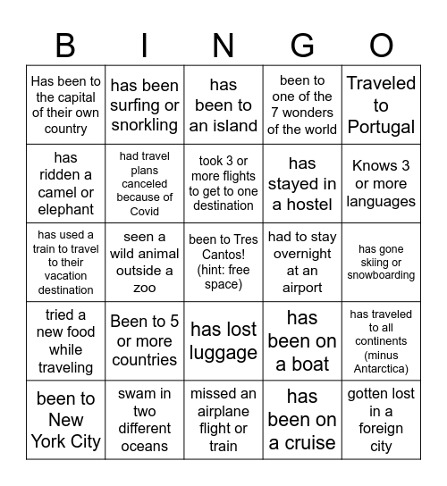 Travel Bingo! Bingo Card